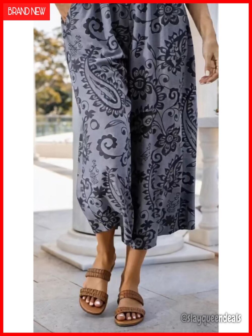 Wide Leg Linen Capri Pants Elastic Waist Palazzo Trousers with Pockets - Picture 6 of 7